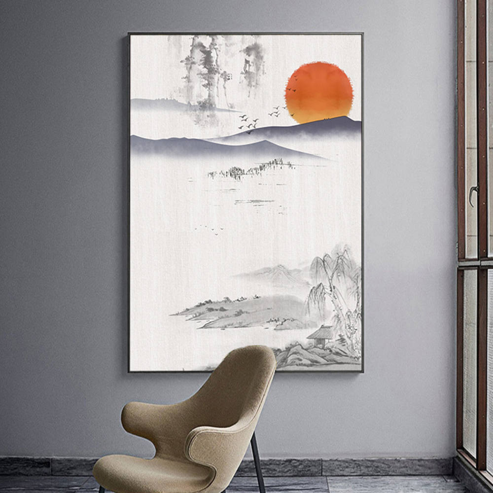 Chinese Style: Sunset, Geese, Willow Artwork Scene