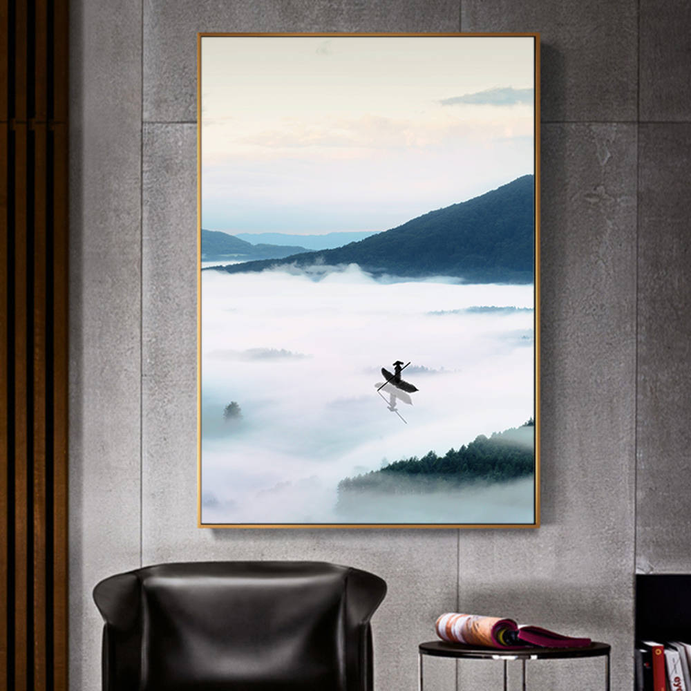 Chinese Scenery: Distant Mountains, Lake, Boatman