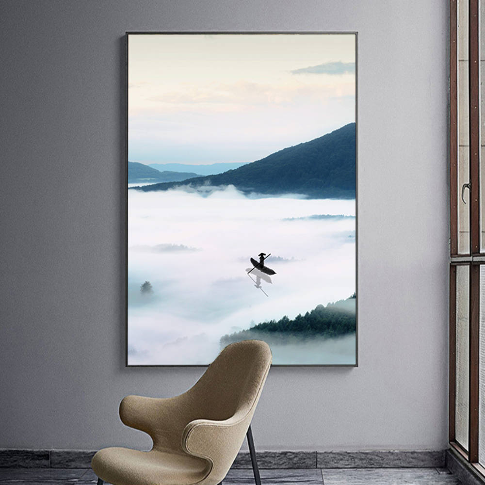 Chinese Scenery: Distant Mountains, Lake, Boatman