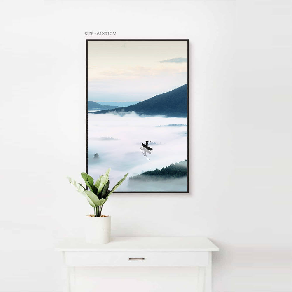 Chinese Scenery: Distant Mountains, Lake, Boatman