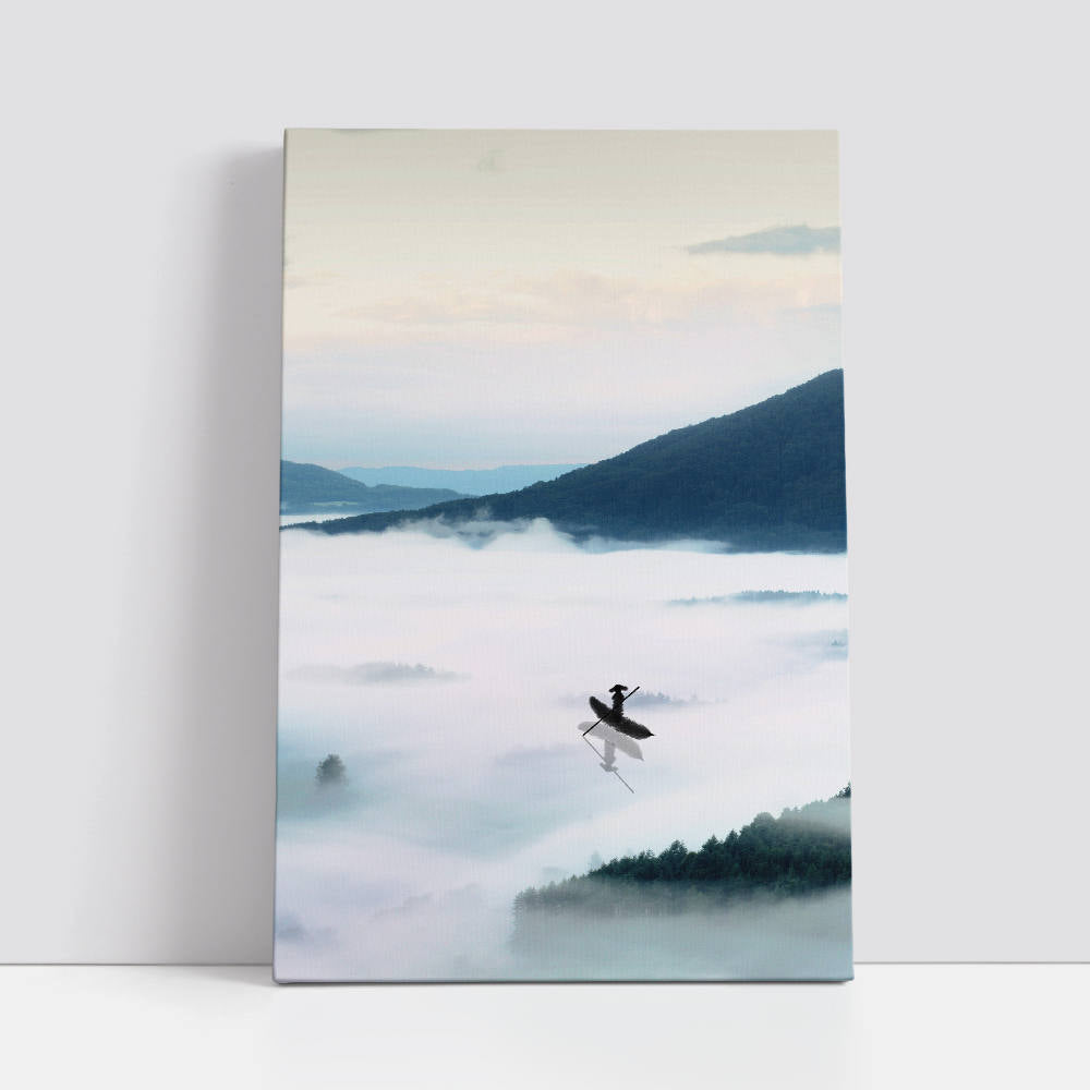 Chinese Scenery: Distant Mountains, Lake, Boatman