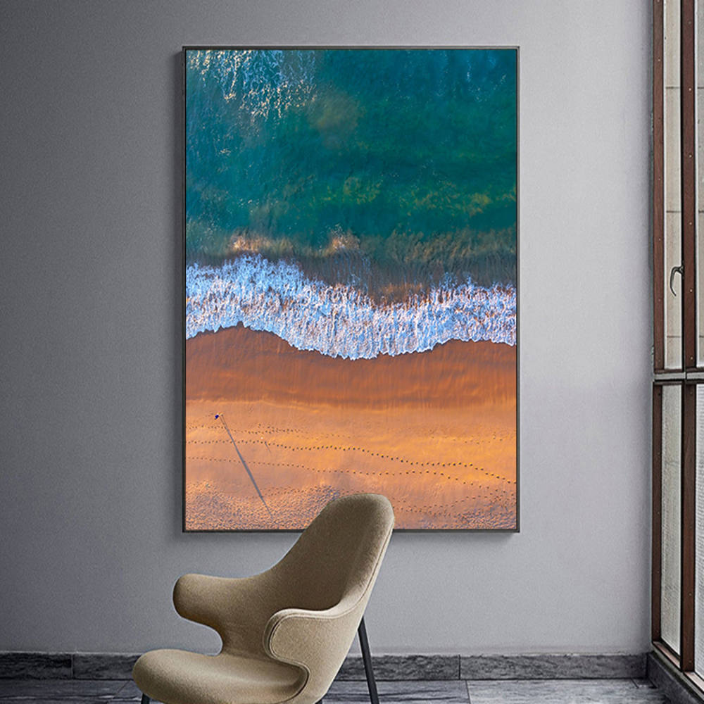 Grey-Blue Coastal Horizon: Aerial View Painting