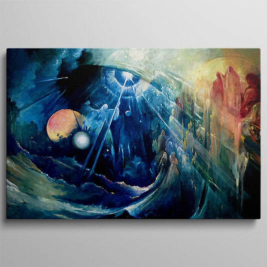 Crimson Dusk, Celestial Azure Abstract Painting