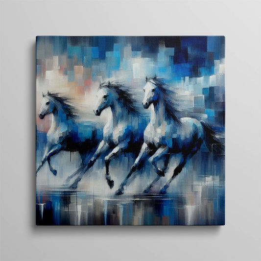 Blue Hues: Trio of Running Horses Painting