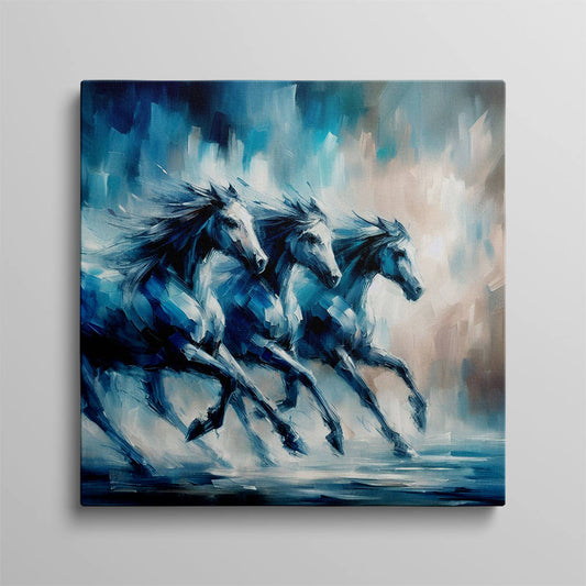 Blue Tones: Three Galloping Horses Artwork Piece