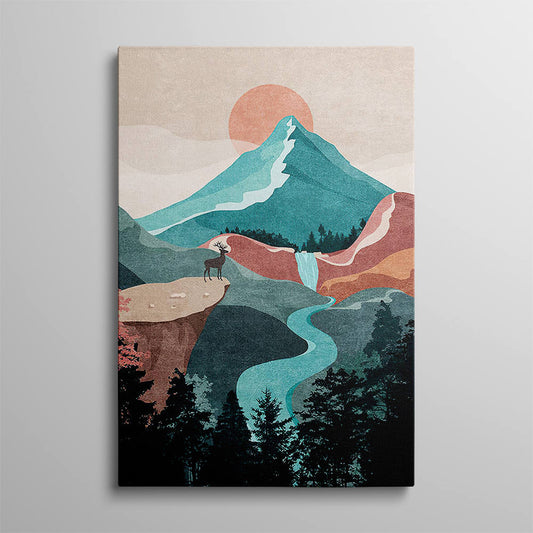 Grey Distant Mountains, Sunset, Deer Silhouette Painting