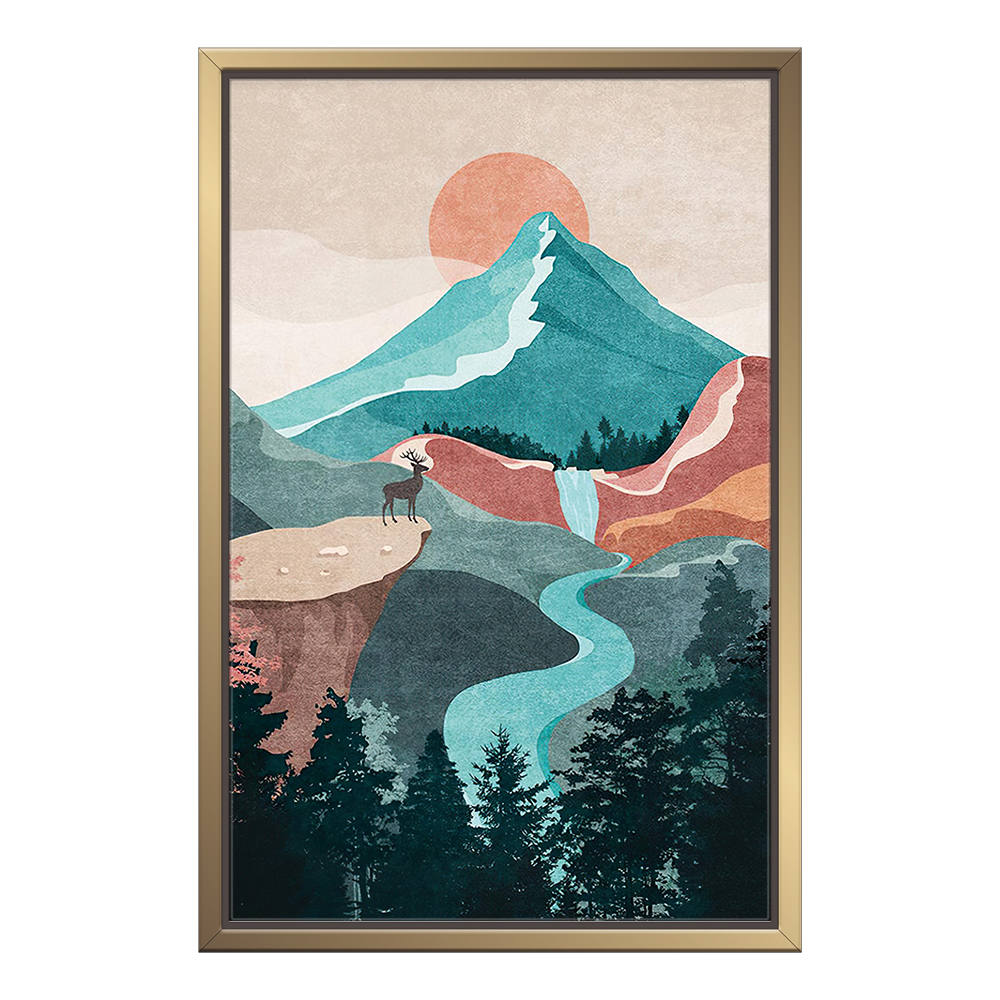 Grey Distant Mountains, Sunset, Deer Silhouette Painting