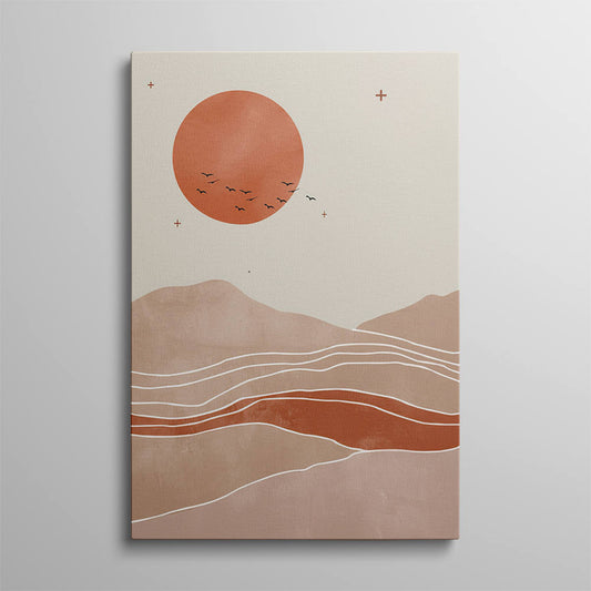 Grey Distant Mountains, Sunset, Geese Silhouette Artwork