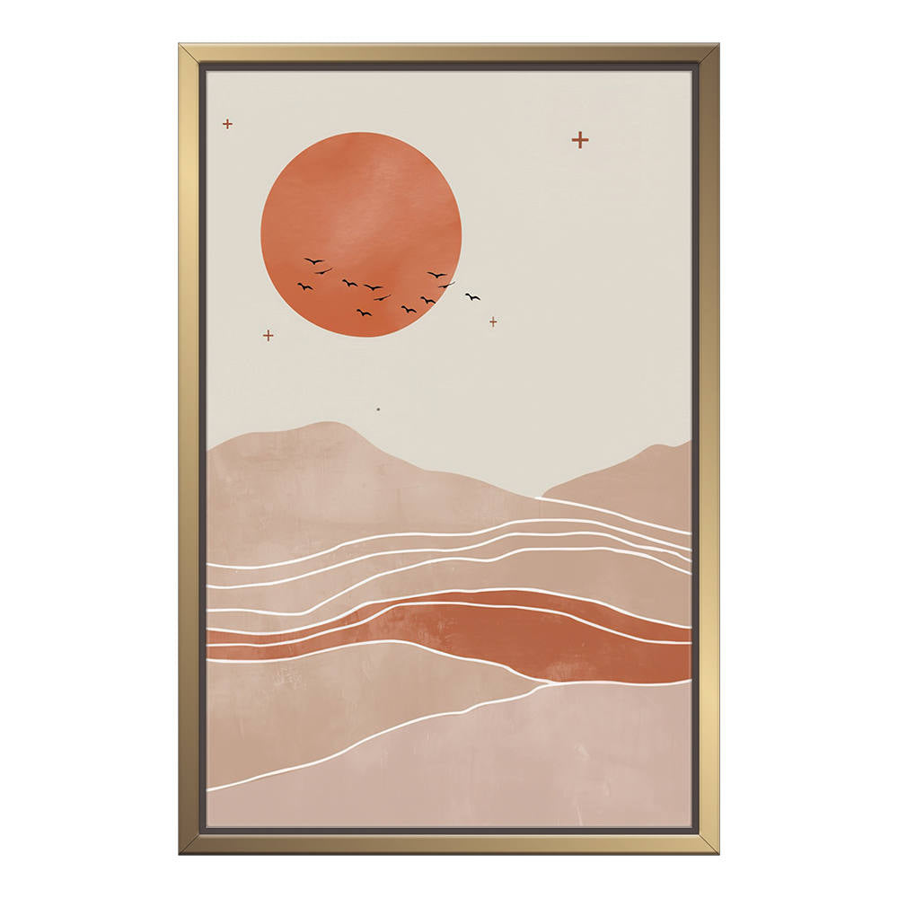 Grey Distant Mountains, Sunset, Geese Silhouette Artwork