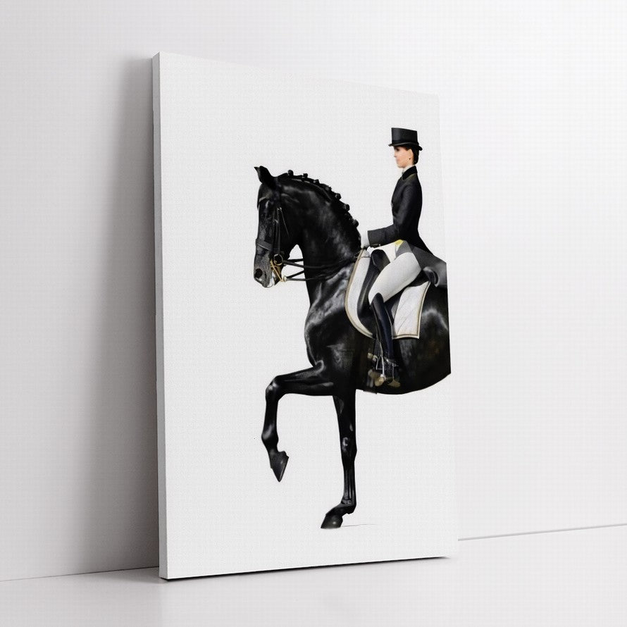 Woman in Black Suite Riding a Black Horse