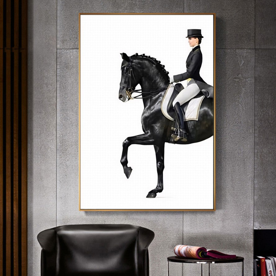 Woman in Black Suite Riding a Black Horse