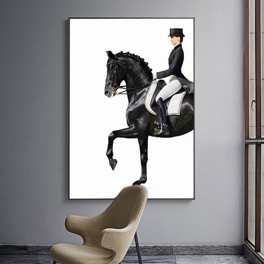 Woman in Black Suite Riding a Black Horse