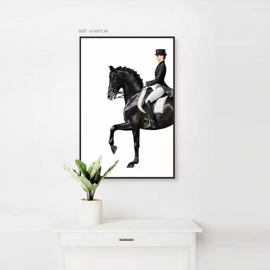 Woman in Black Suite Riding a Black Horse