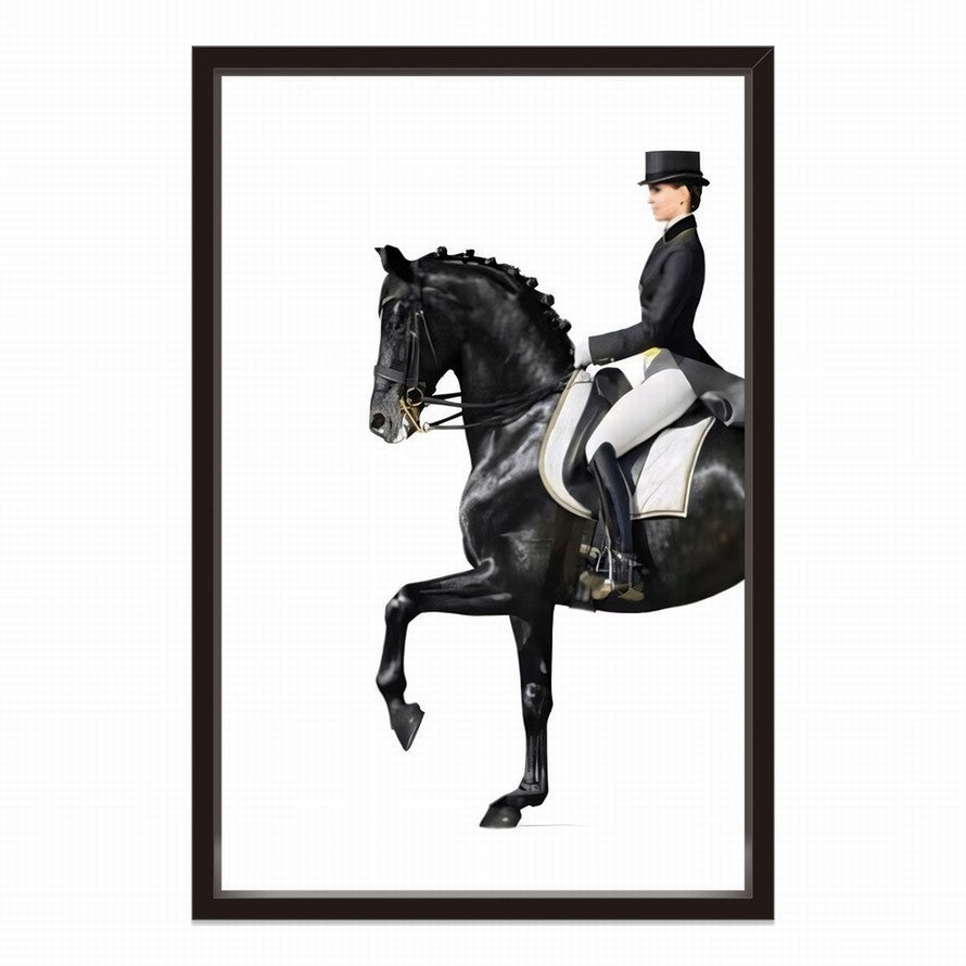 Woman in Black Suite Riding a Black Horse