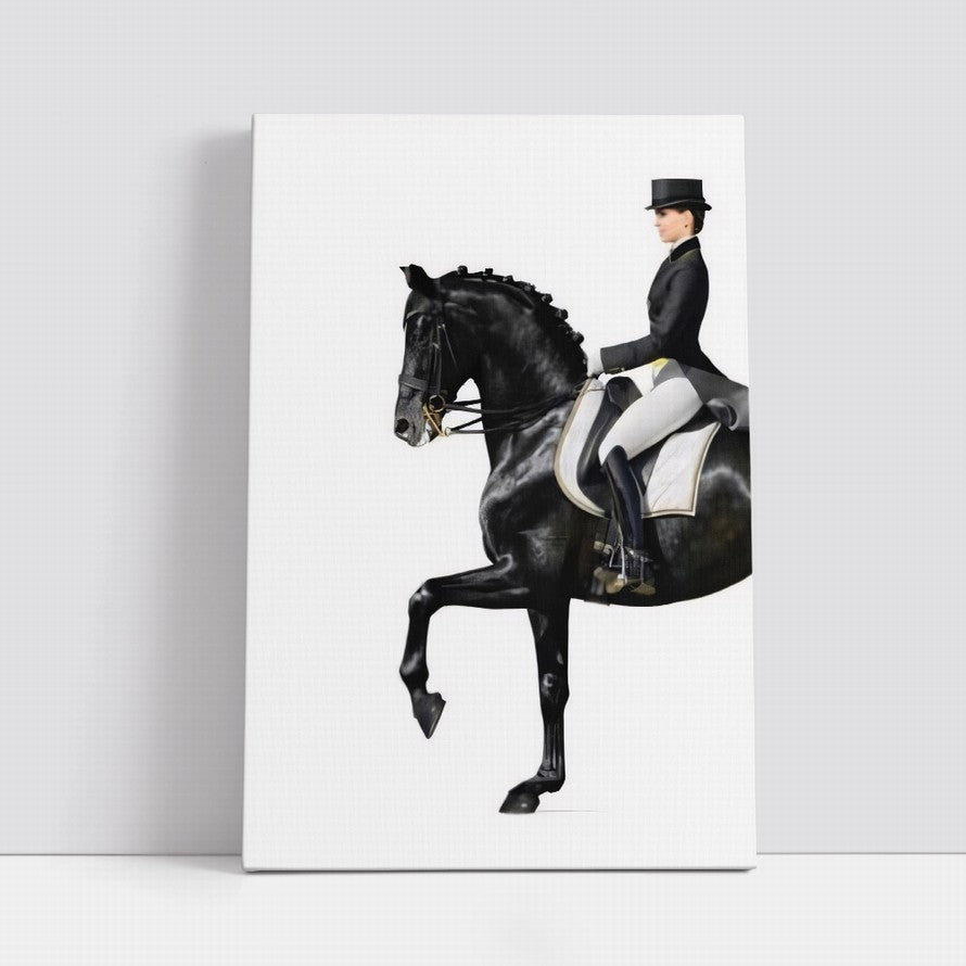 Woman in Black Suite Riding a Black Horse