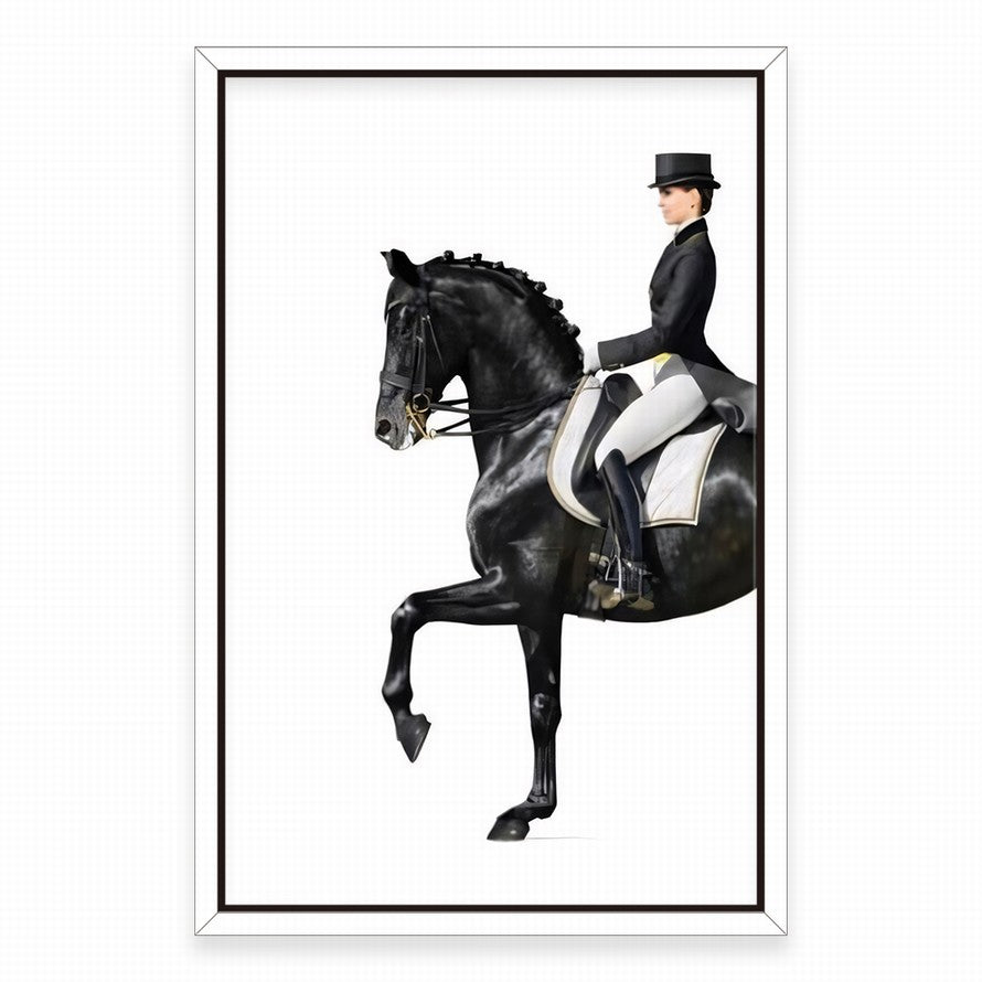 Woman in Black Suite Riding a Black Horse