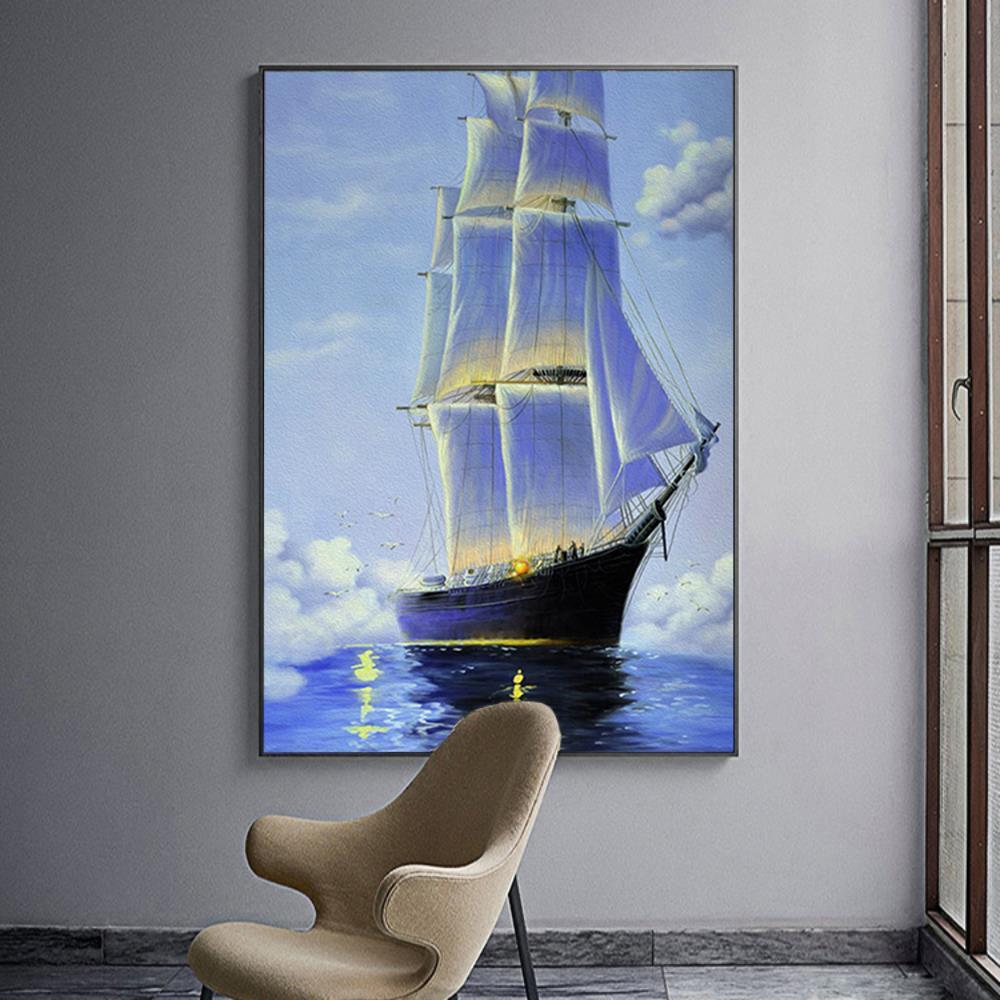 Blue Sea With A Boat Home Decoration Canvas