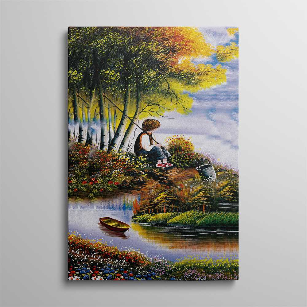 Kid Fishing By The Lake Home Decoration Canvas