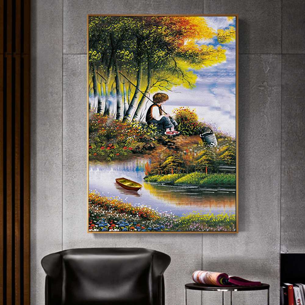 Kid Fishing By The Lake Home Decoration Canvas