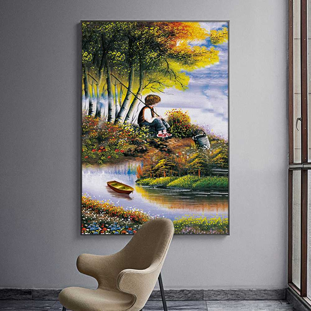 Kid Fishing By The Lake Home Decoration Canvas