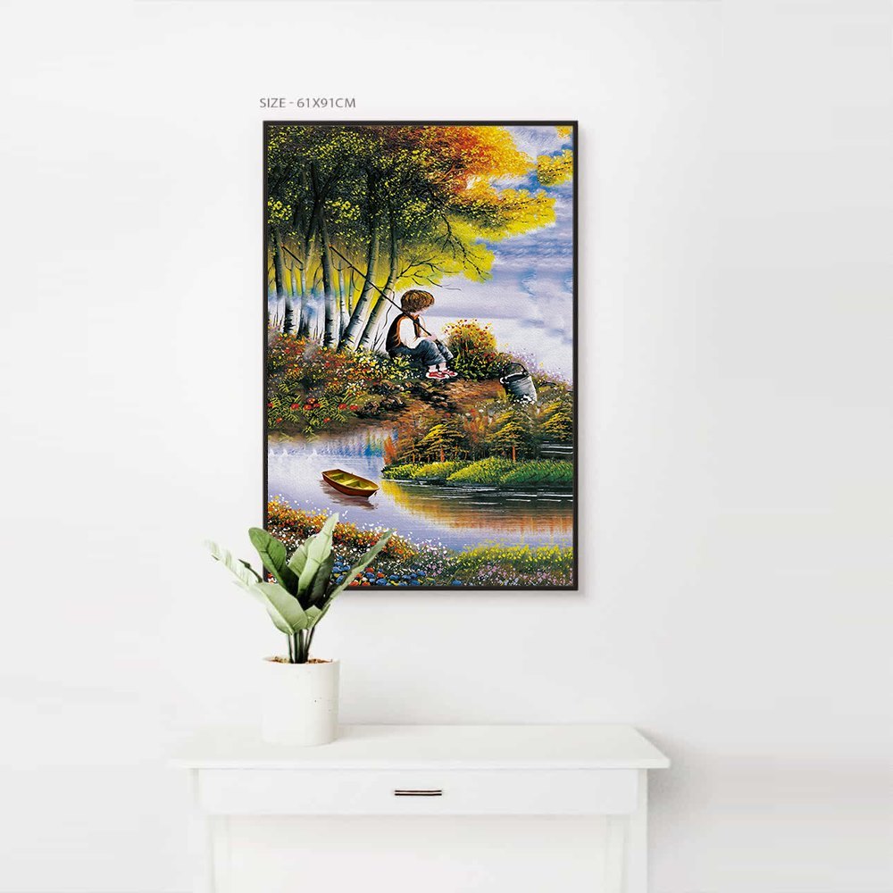Kid Fishing By The Lake Home Decoration Canvas