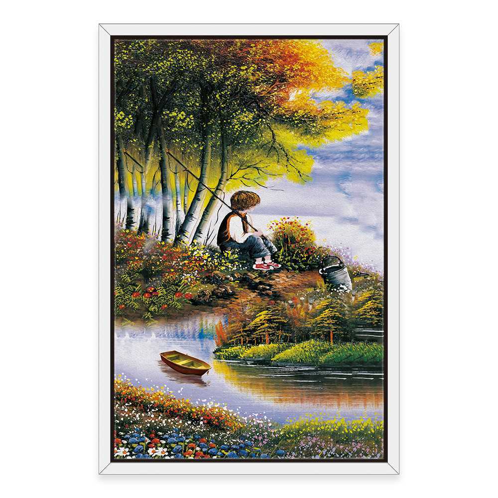 Kid Fishing By The Lake Home Decoration Canvas
