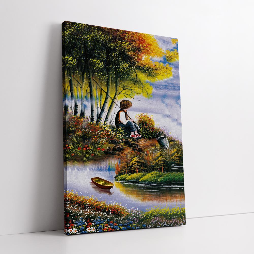 Kid Fishing By The Lake Home Decoration Canvas