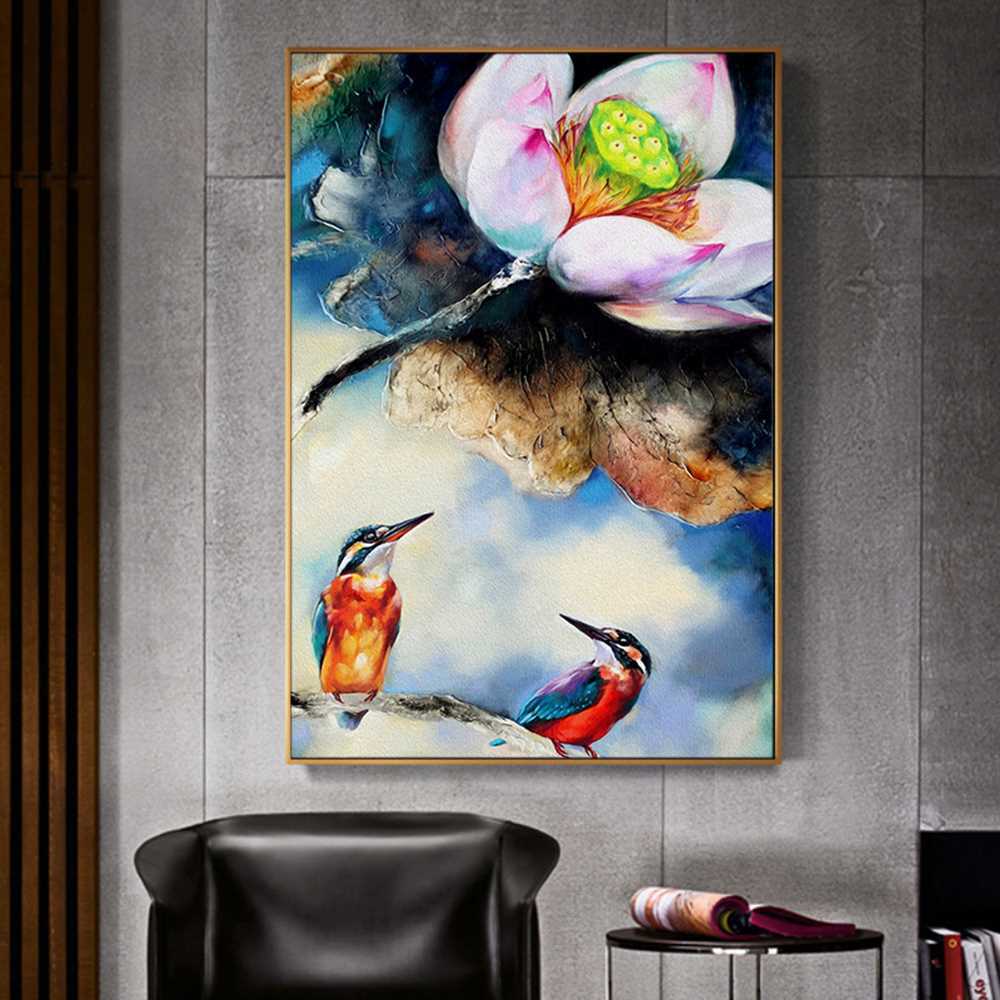 Lotus With Kingfishers Art Painting Home Decoration Canvas