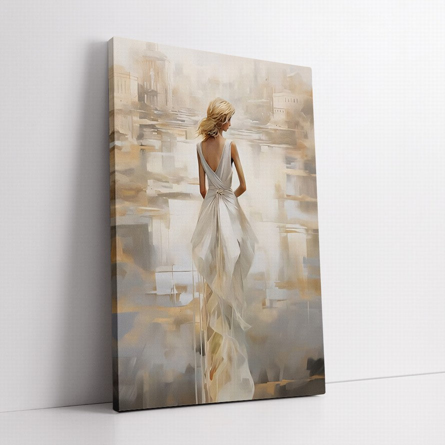 White Gown, Beige Embrace Canvas