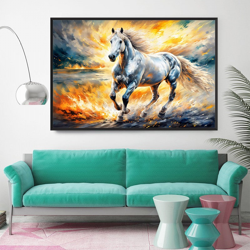 Golden Stallion Oil Painting with Luxurious Frame