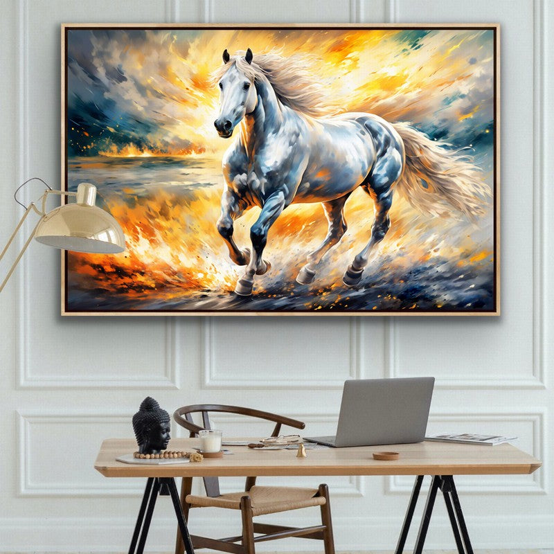 Golden Stallion Oil Painting with Luxurious Frame