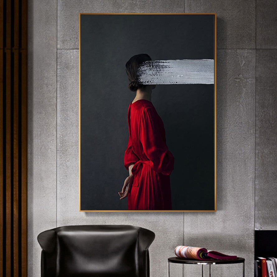 Woman in Red with Grey Brush Stroke Canvas