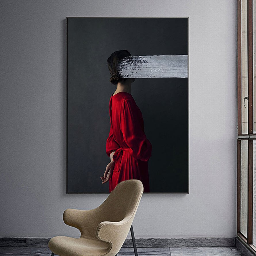 Woman in Red with Grey Brush Stroke Canvas