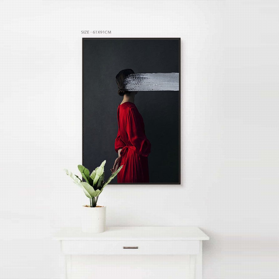 Woman in Red with Grey Brush Stroke Canvas