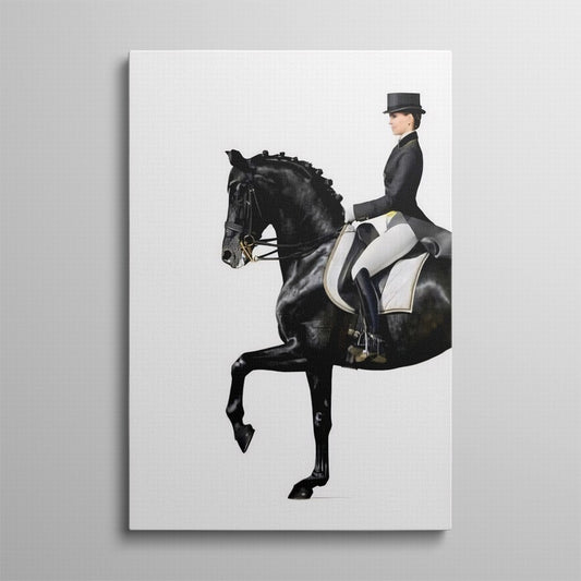 Woman in Black Suite Riding a Black Horse