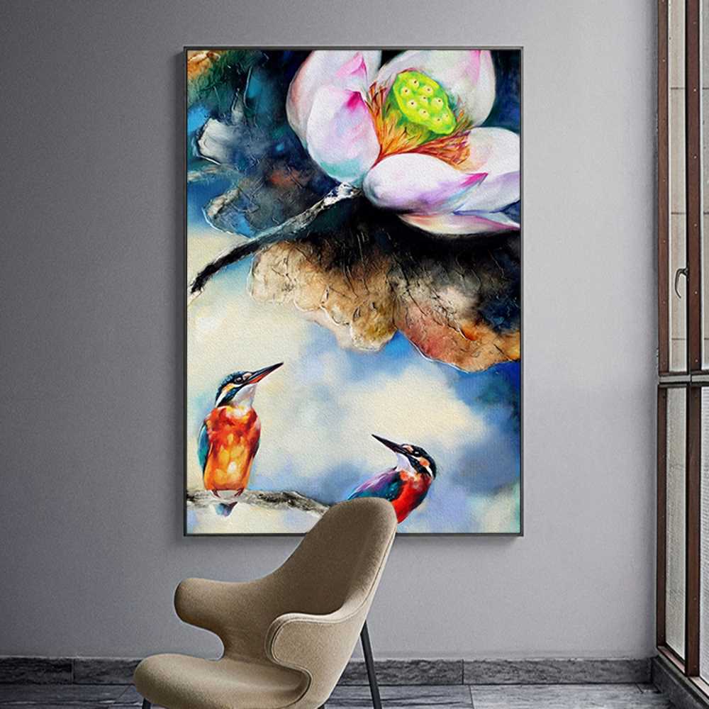 Lotus With Kingfishers Art Painting Home Decoration Canvas