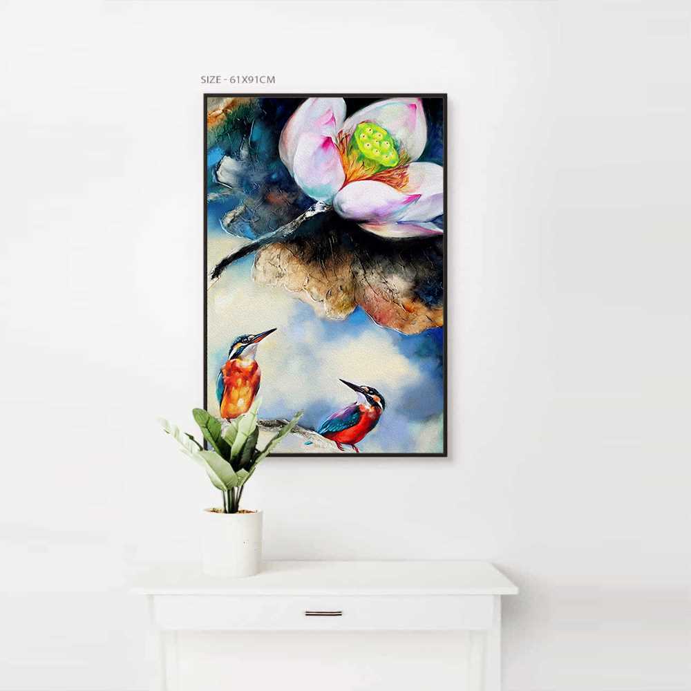 Lotus With Kingfishers Art Painting Home Decoration Canvas